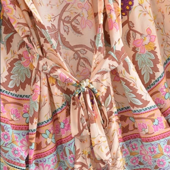 Beige Boho Multi Color Floral Peacock Short Kimono - Picture 6 of 10